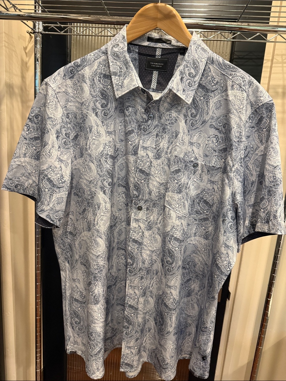 7Diamonds 4-Way Stretch Short Sleeve Button Up Shirt Men’s XXL Blue Paisley